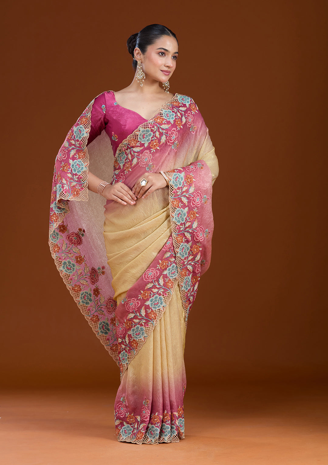 Magenta Pink Threadwork Tissue Saree
