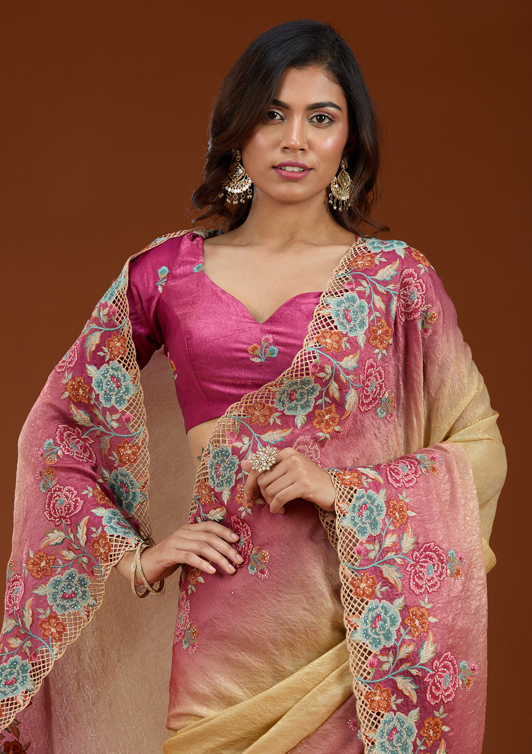 Magenta Pink Threadwork Tissue Saree