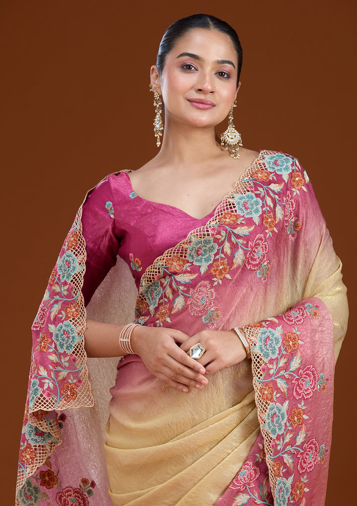 Magenta Pink Threadwork Tissue Saree