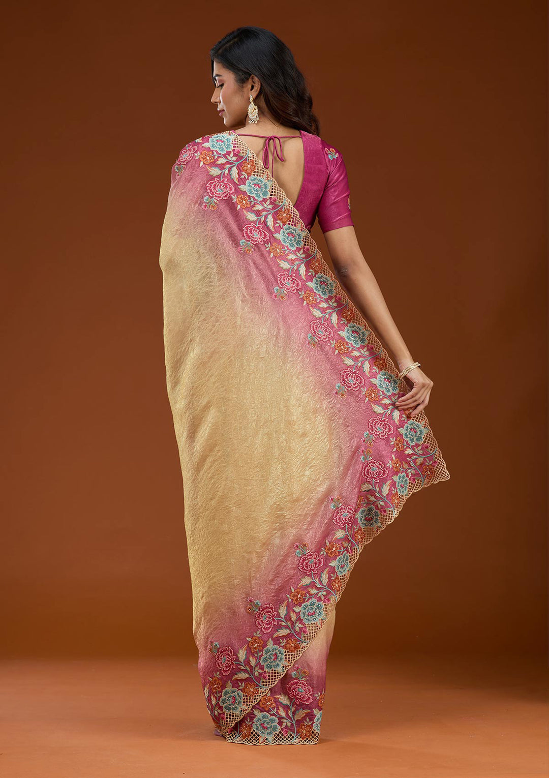 Magenta Pink Threadwork Tissue Saree