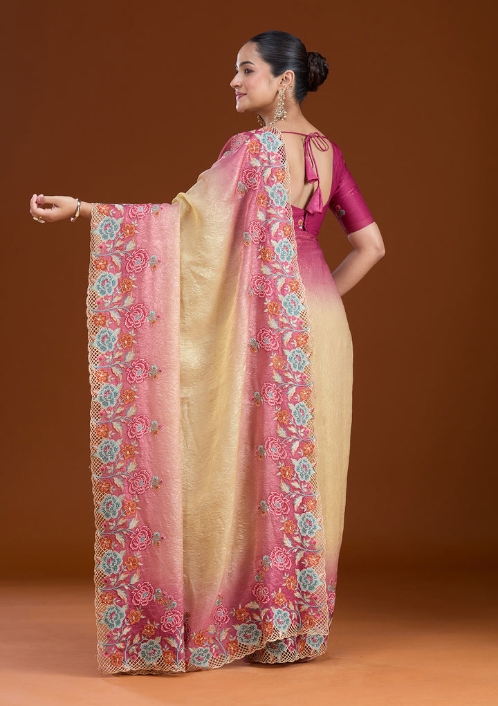 Magenta Pink Threadwork Tissue Saree