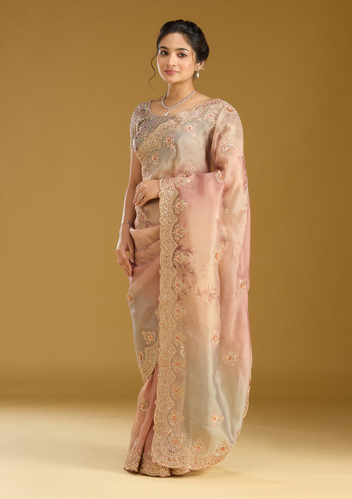 Rust Sequins Organza Saree