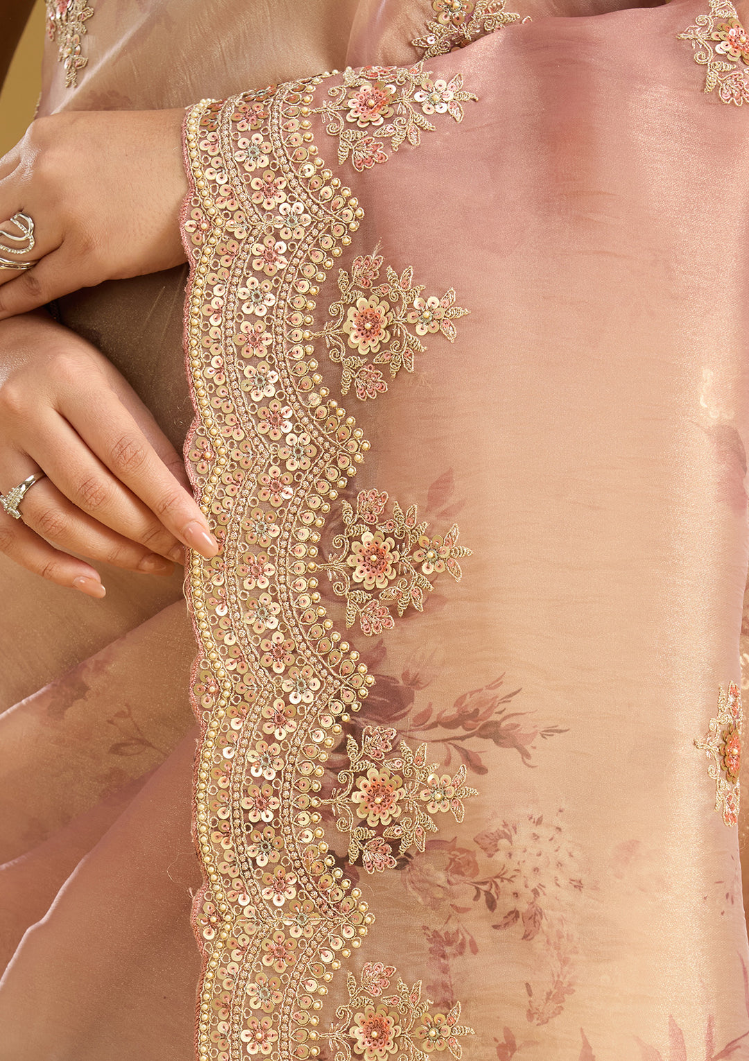 Rust Sequins Organza Saree