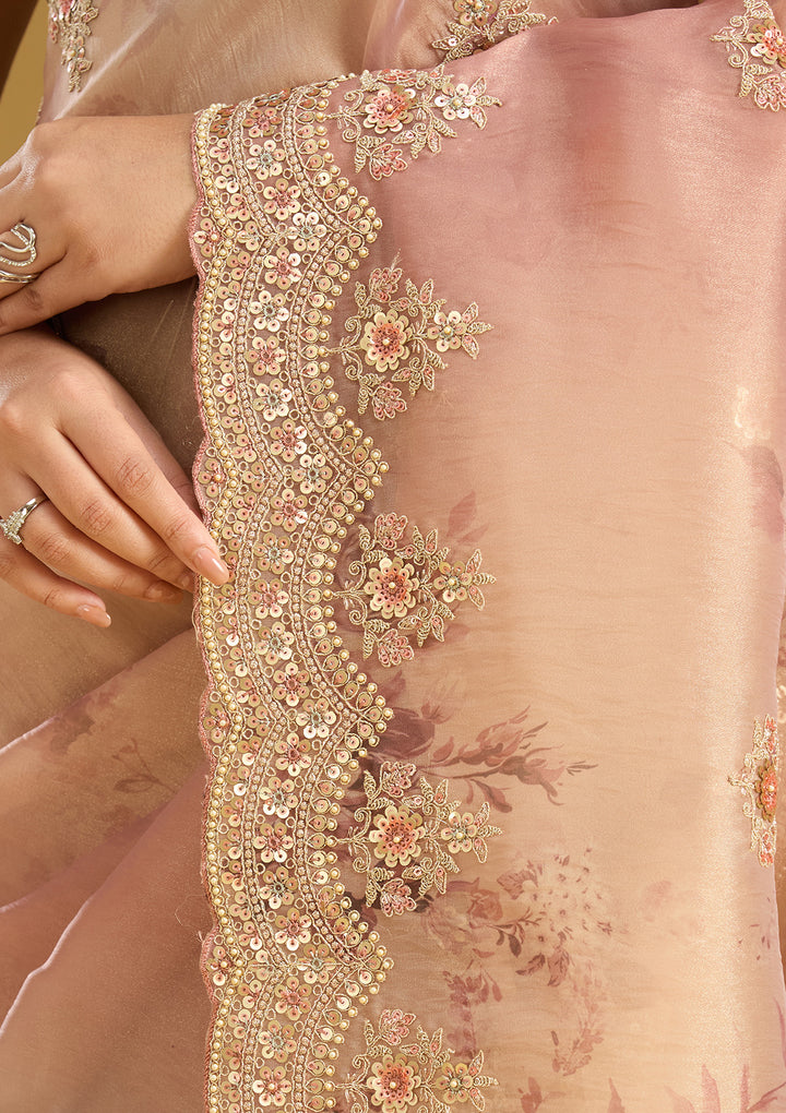 Rust Sequins Organza Saree