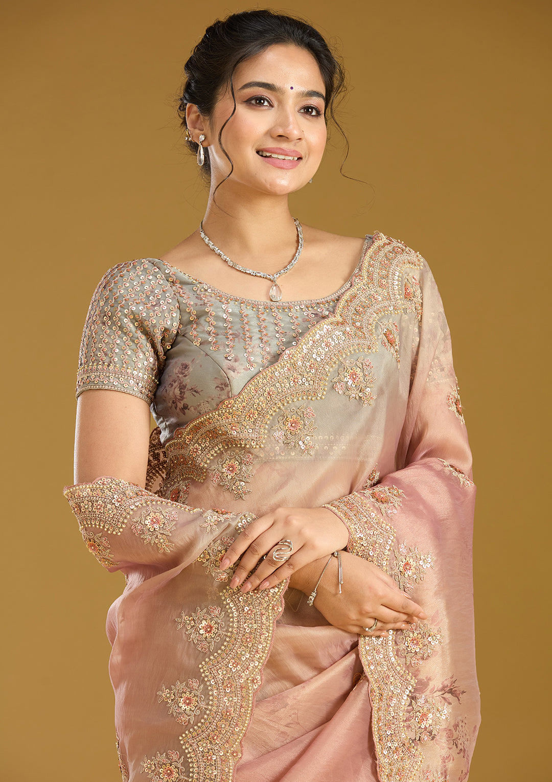 Rust Sequins Organza Saree