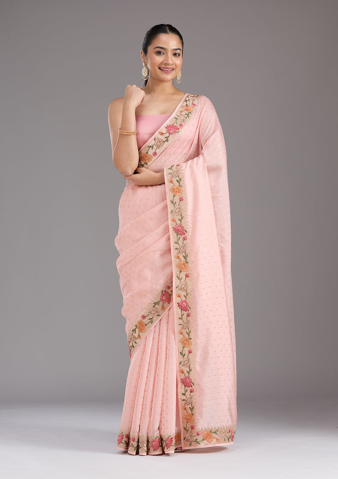 Baby Pink Threadwork Tissue Saree