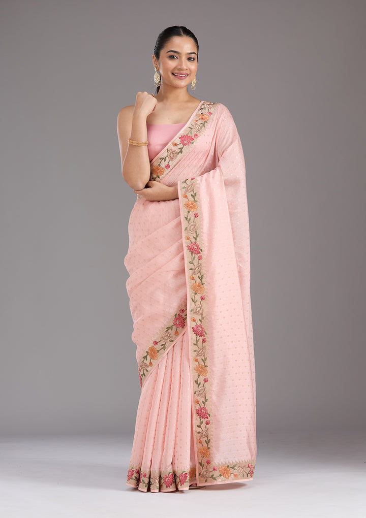Baby Pink Threadwork Tissue Saree