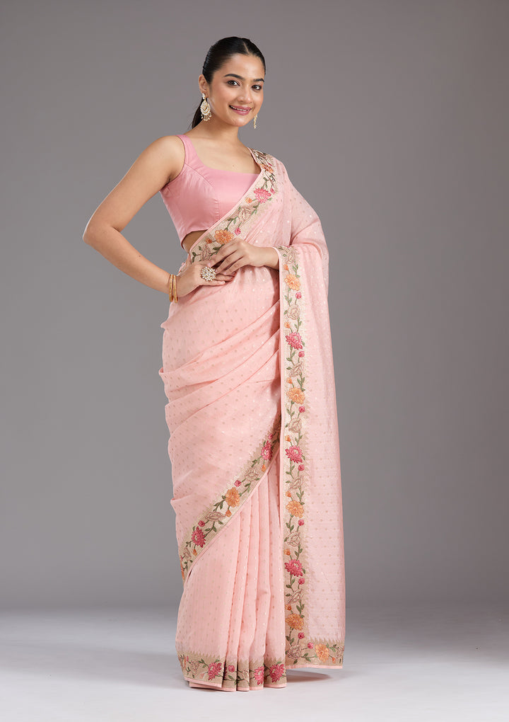 Baby Pink Threadwork Tissue Saree