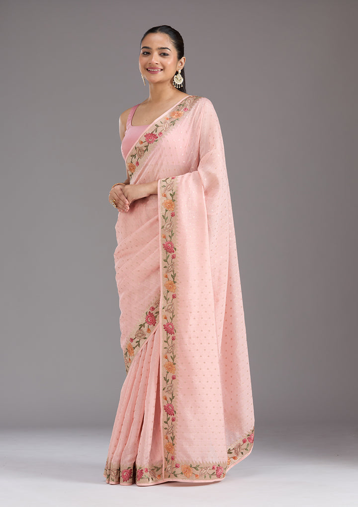 Baby Pink Threadwork Tissue Saree