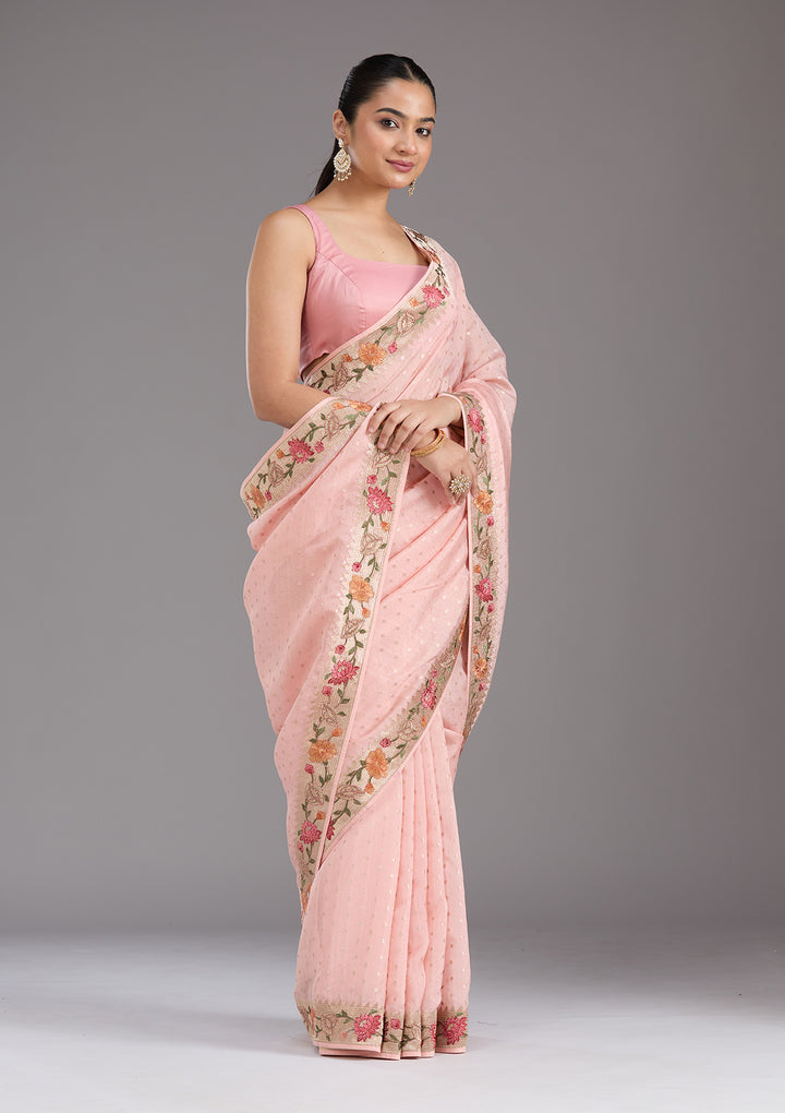 Baby Pink Threadwork Tissue Saree