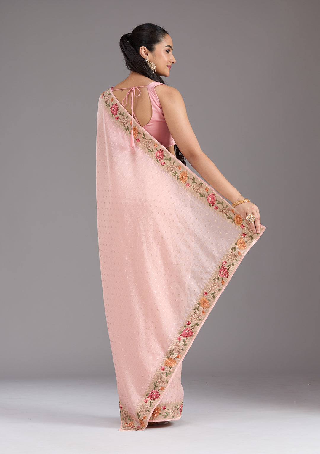 Baby Pink Threadwork Tissue Saree