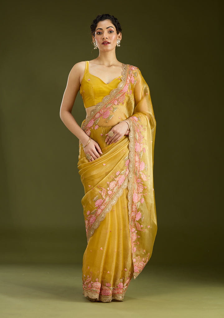 Mustard Threadwork Tissue Saree