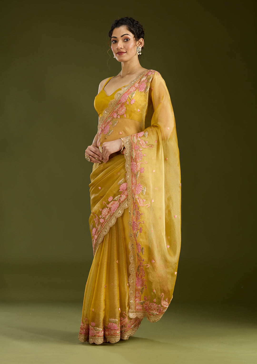 Mustard Threadwork Tissue Saree