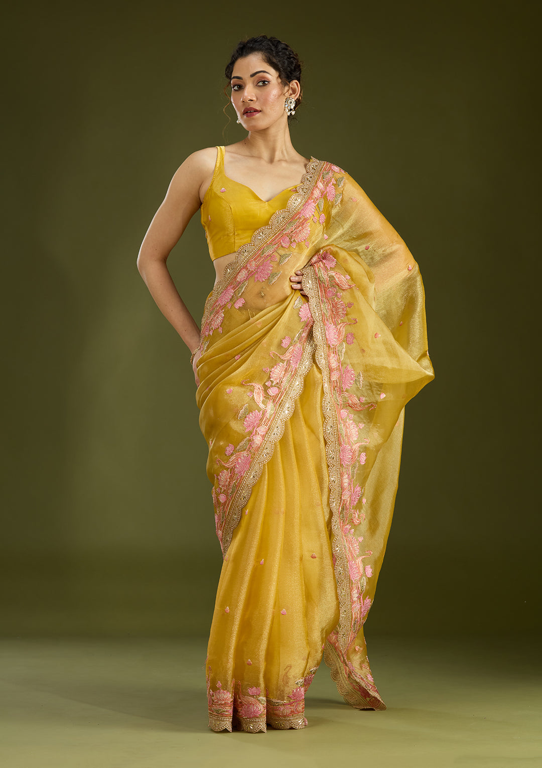 Mustard Threadwork Tissue Saree