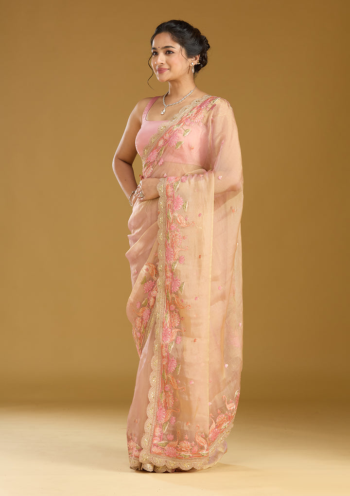 Onion Pink Threadwork Tissue Saree