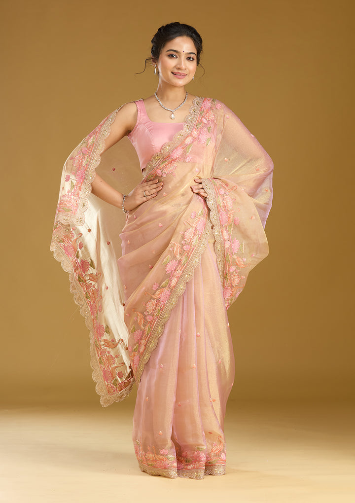 Onion Pink Threadwork Tissue Saree