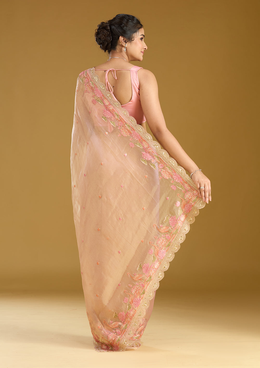 Onion Pink Threadwork Tissue Saree
