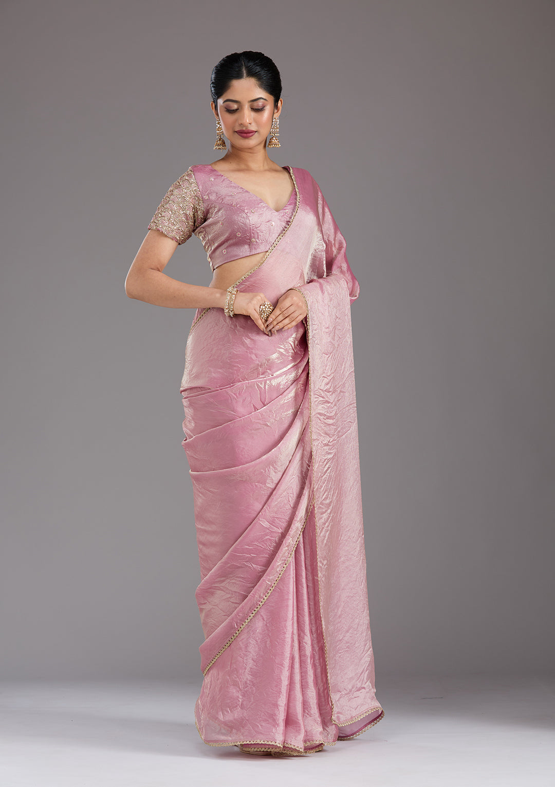 Onion Pink Sequins Organza Saree
