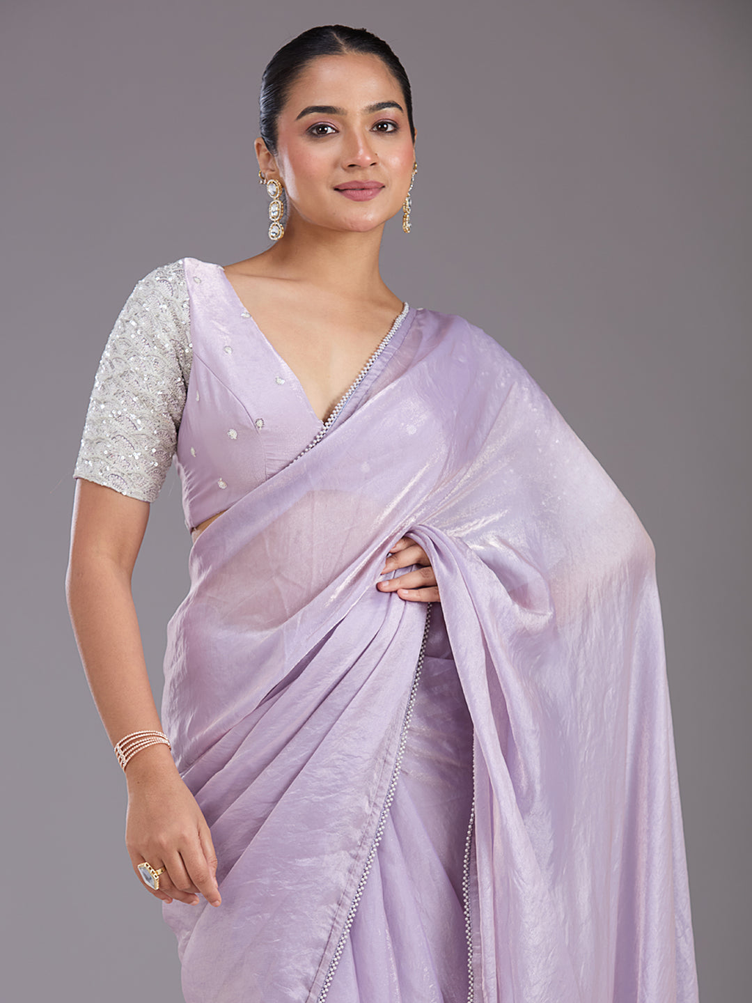 Lavender Pearlwork Tissue Saree