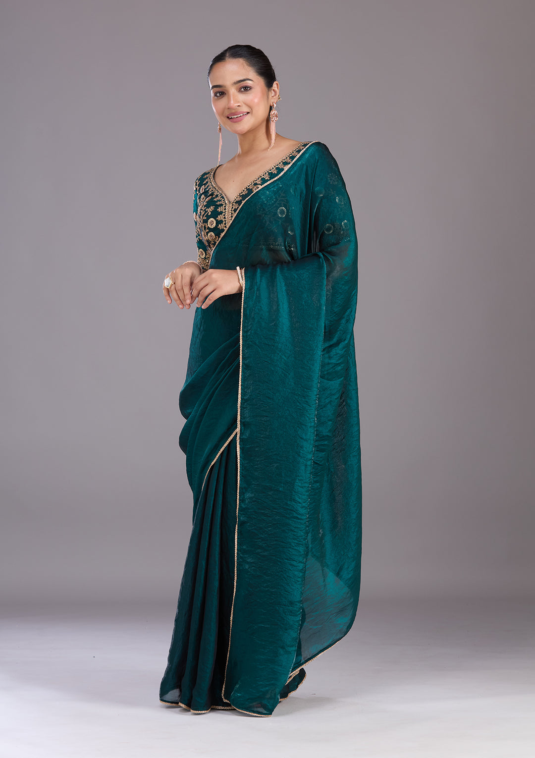 Bottle Green Sequins Tissue Saree