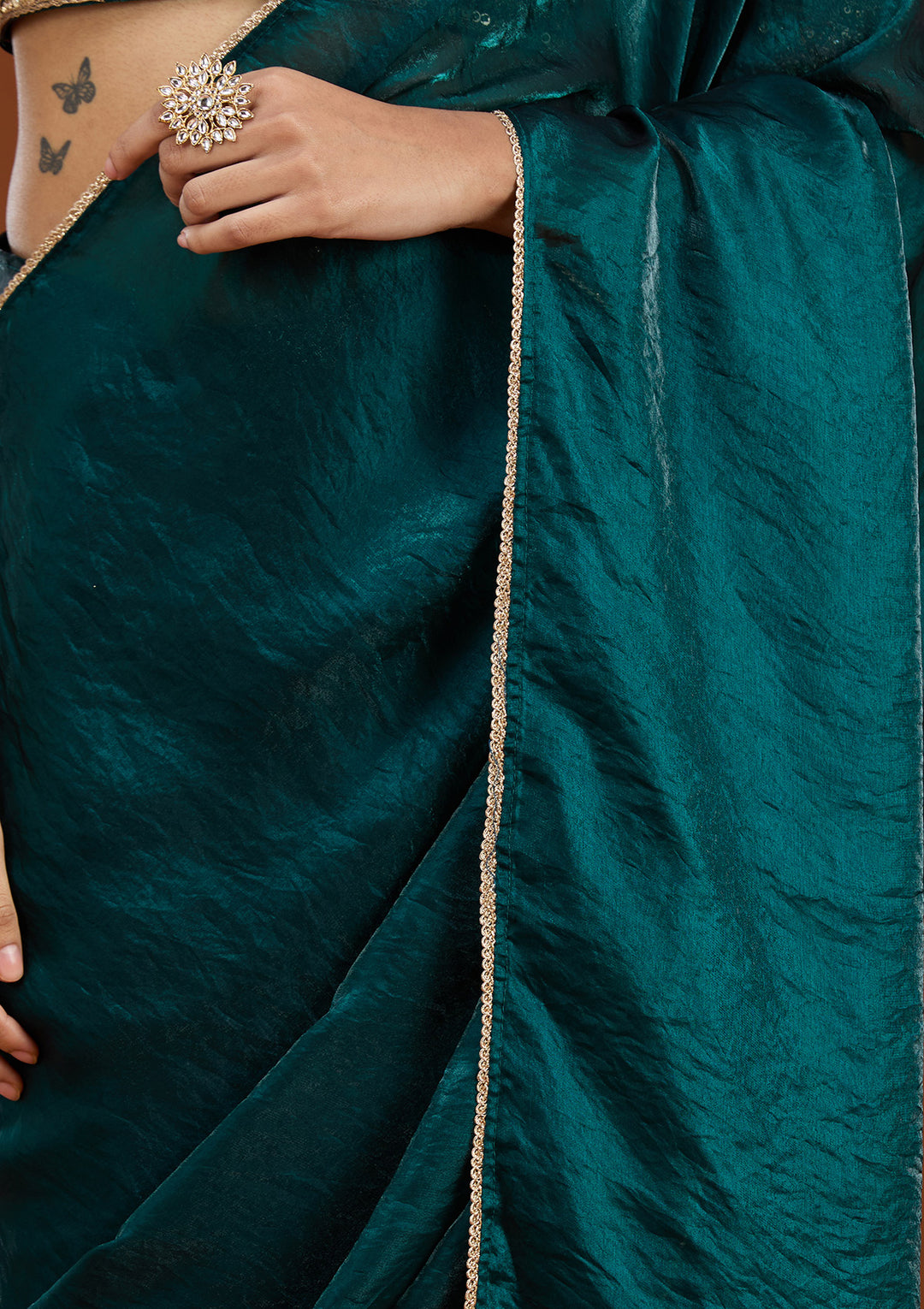 Bottle Green Sequins Tissue Saree
