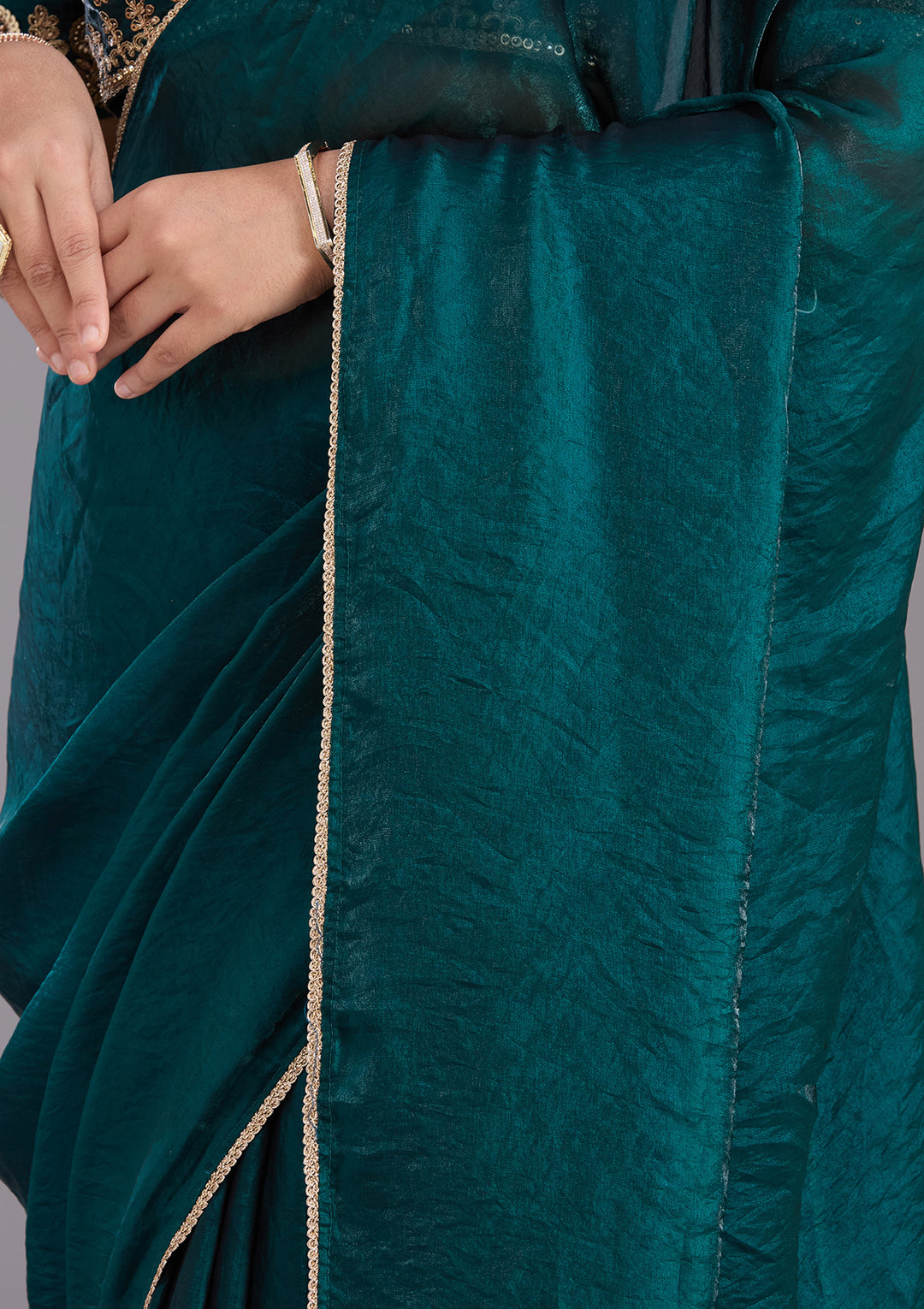 Bottle Green Sequins Tissue Saree