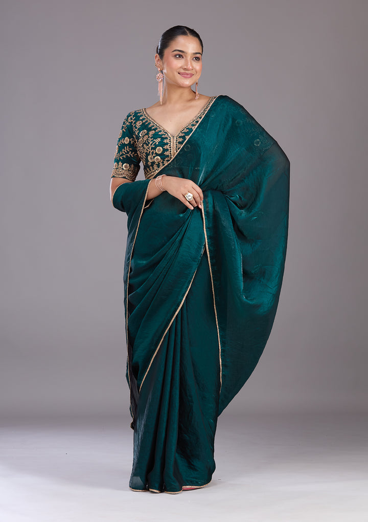 Bottle Green Sequins Tissue Saree