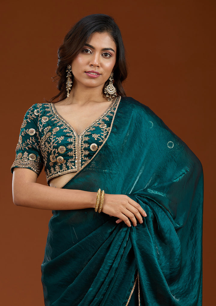 Bottle Green Sequins Tissue Saree