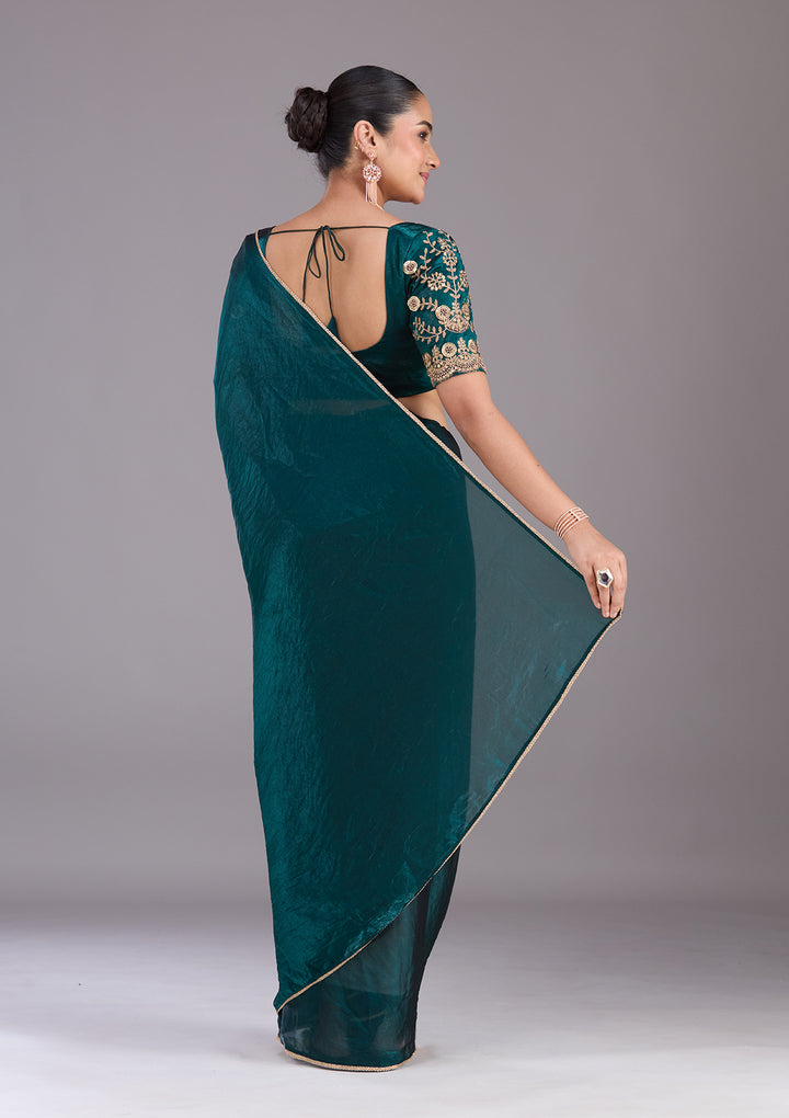 Bottle Green Sequins Tissue Saree
