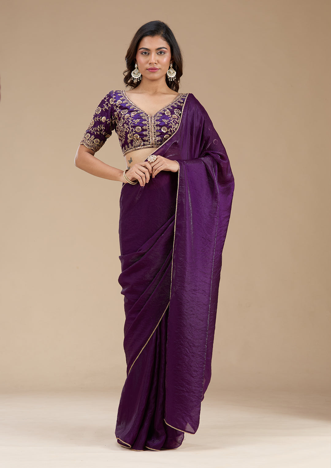 Magenta Pink Threadwork Tissue Saree