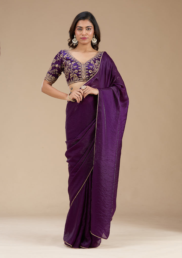 Magenta Pink Threadwork Tissue Saree