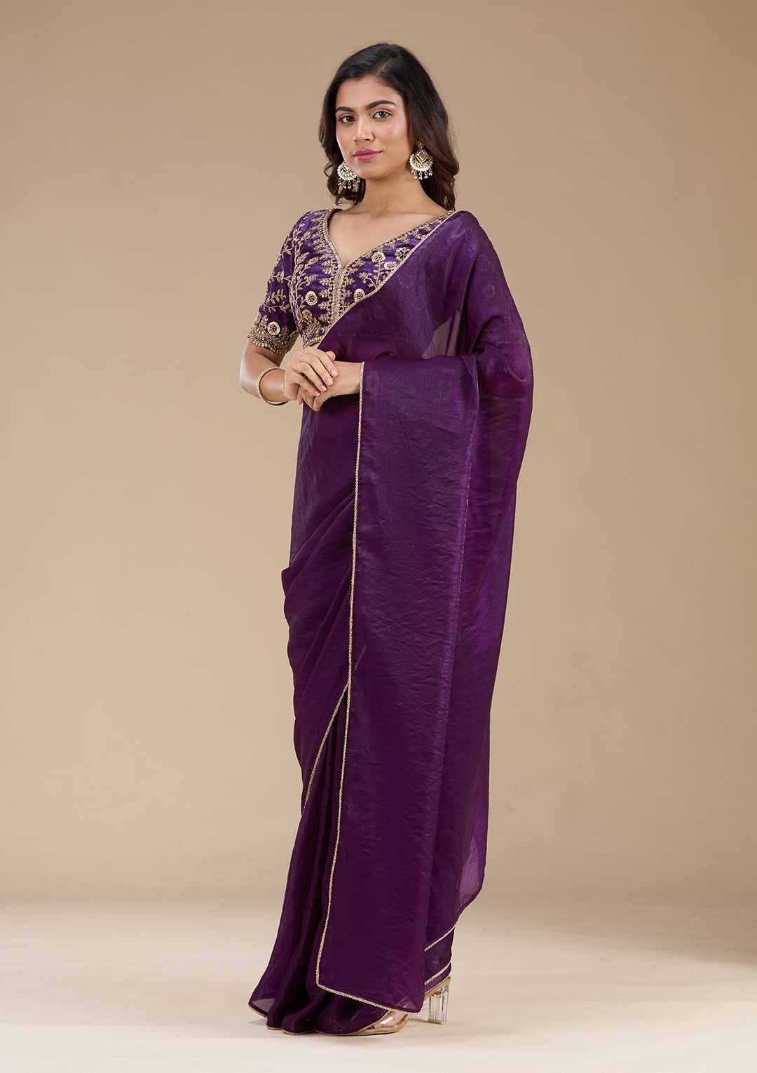 Magenta Pink Threadwork Tissue Saree