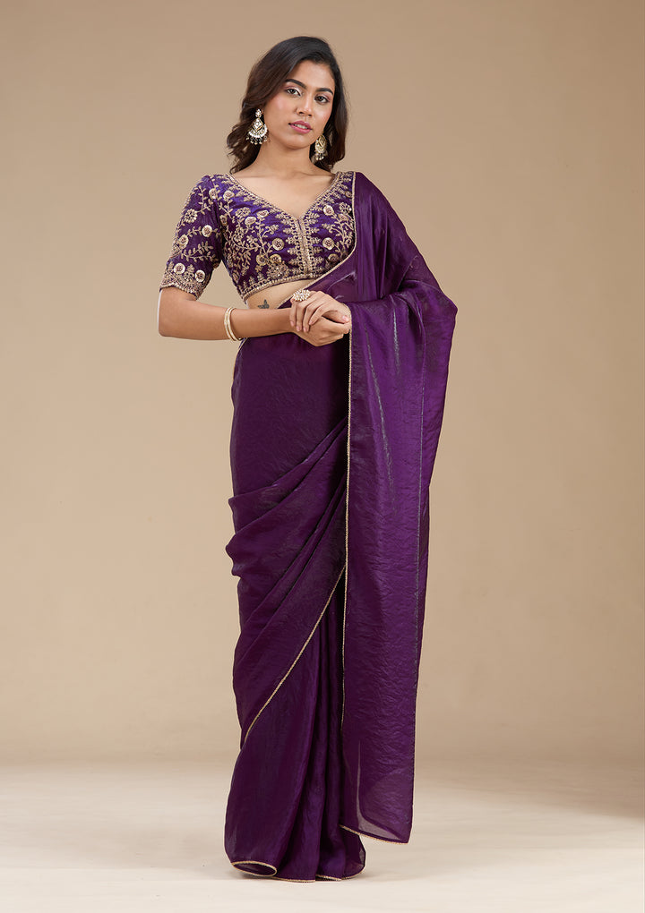 Magenta Pink Threadwork Tissue Saree