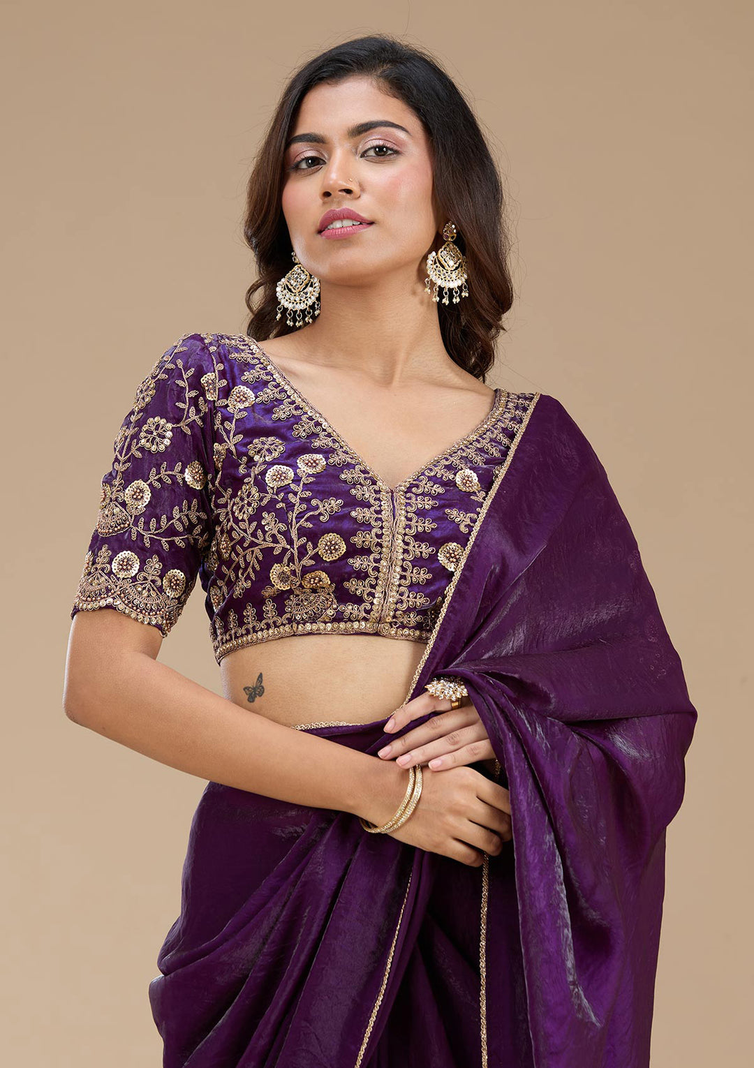 Magenta Pink Threadwork Tissue Saree