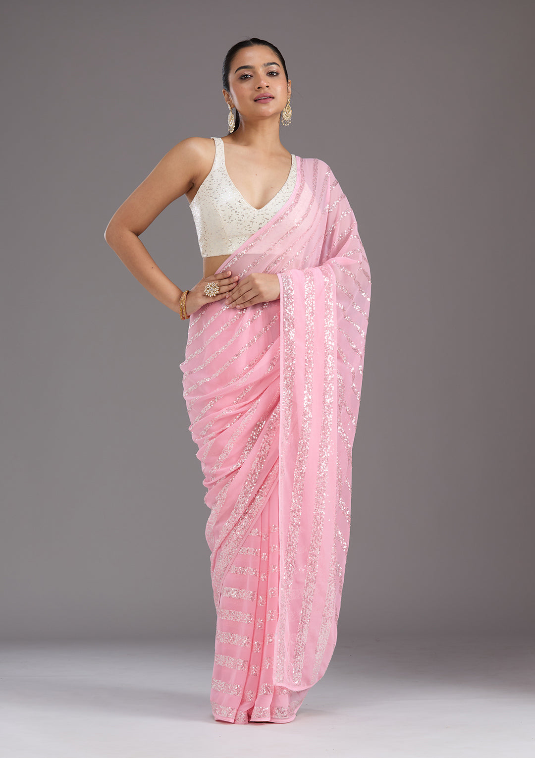 Baby Pink Sequins Georgette Saree