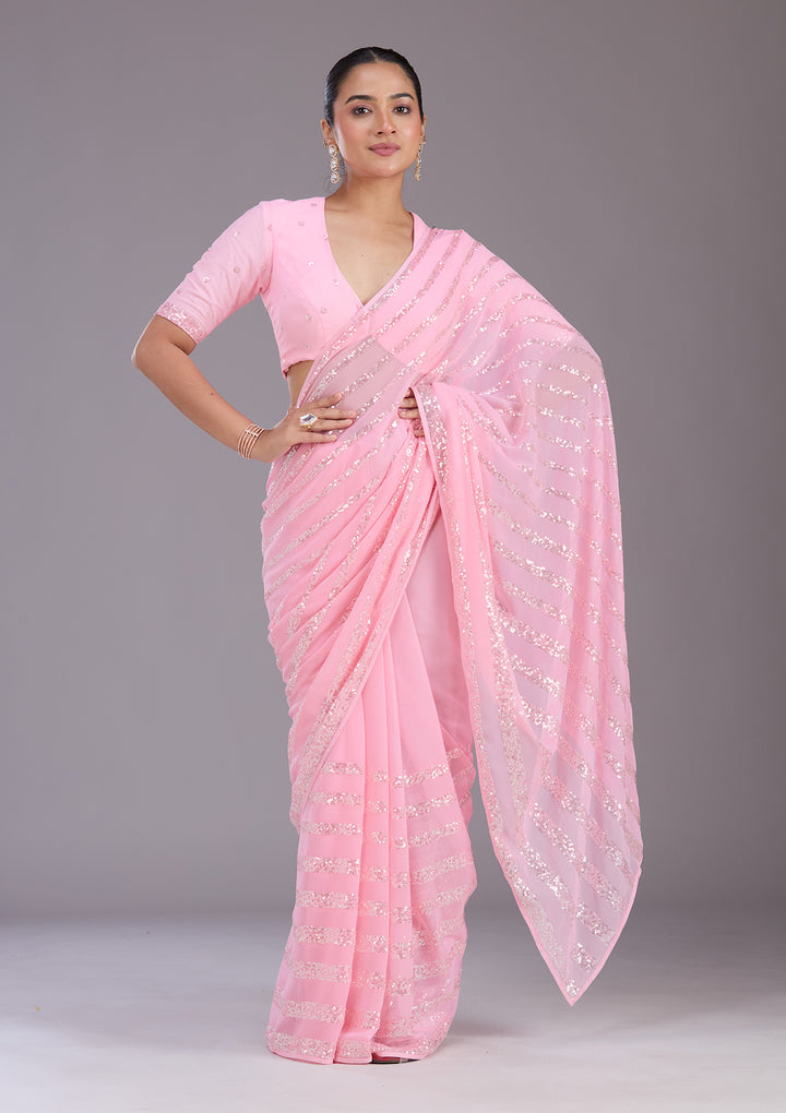 Baby Pink Sequins Georgette Saree