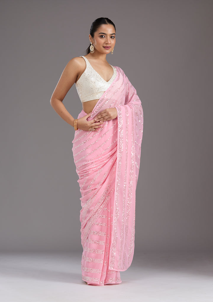 Baby Pink Sequins Georgette Saree