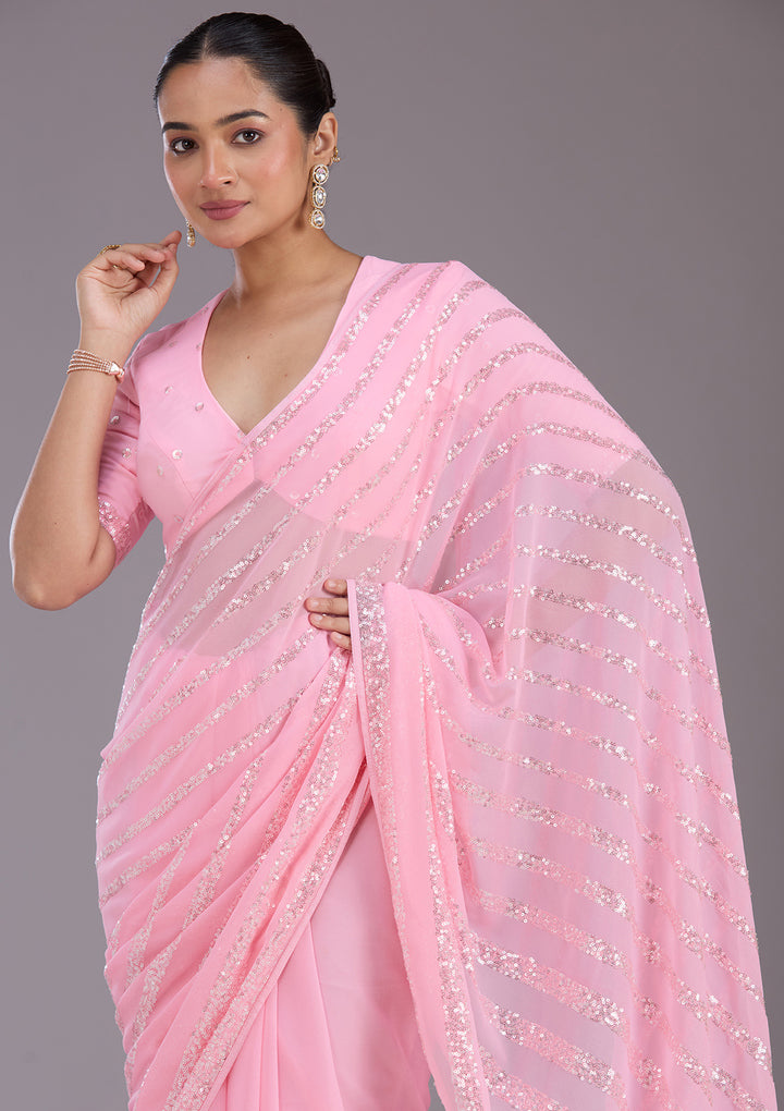 Baby Pink Sequins Georgette Saree