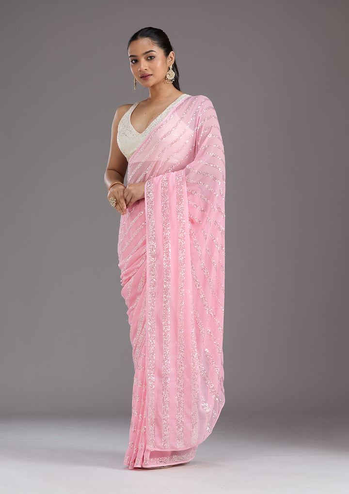 Baby Pink Sequins Georgette Saree