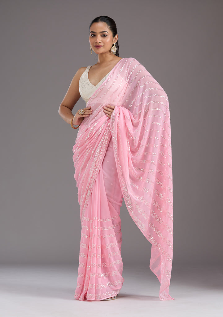 Baby Pink Sequins Georgette Saree
