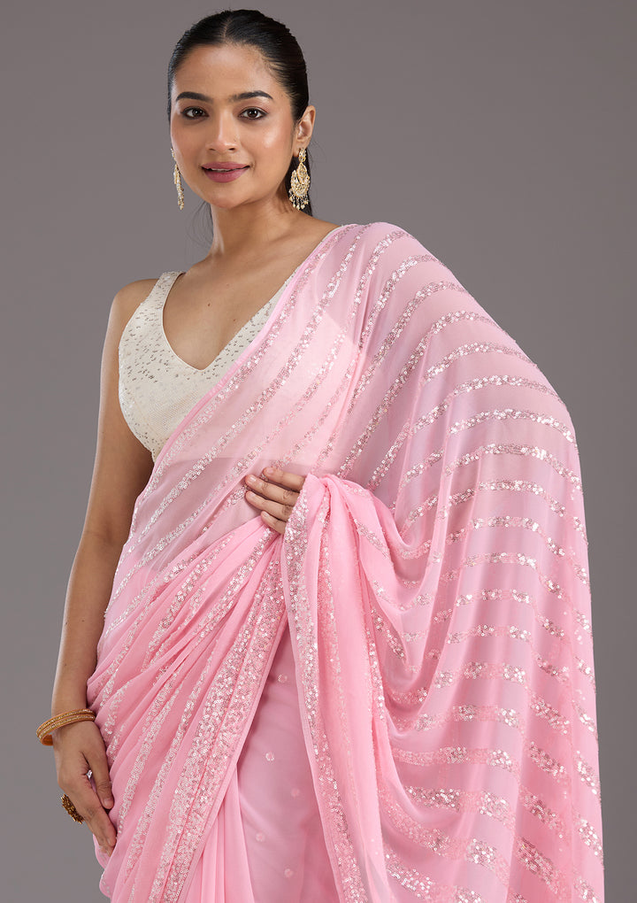 Baby Pink Sequins Georgette Saree
