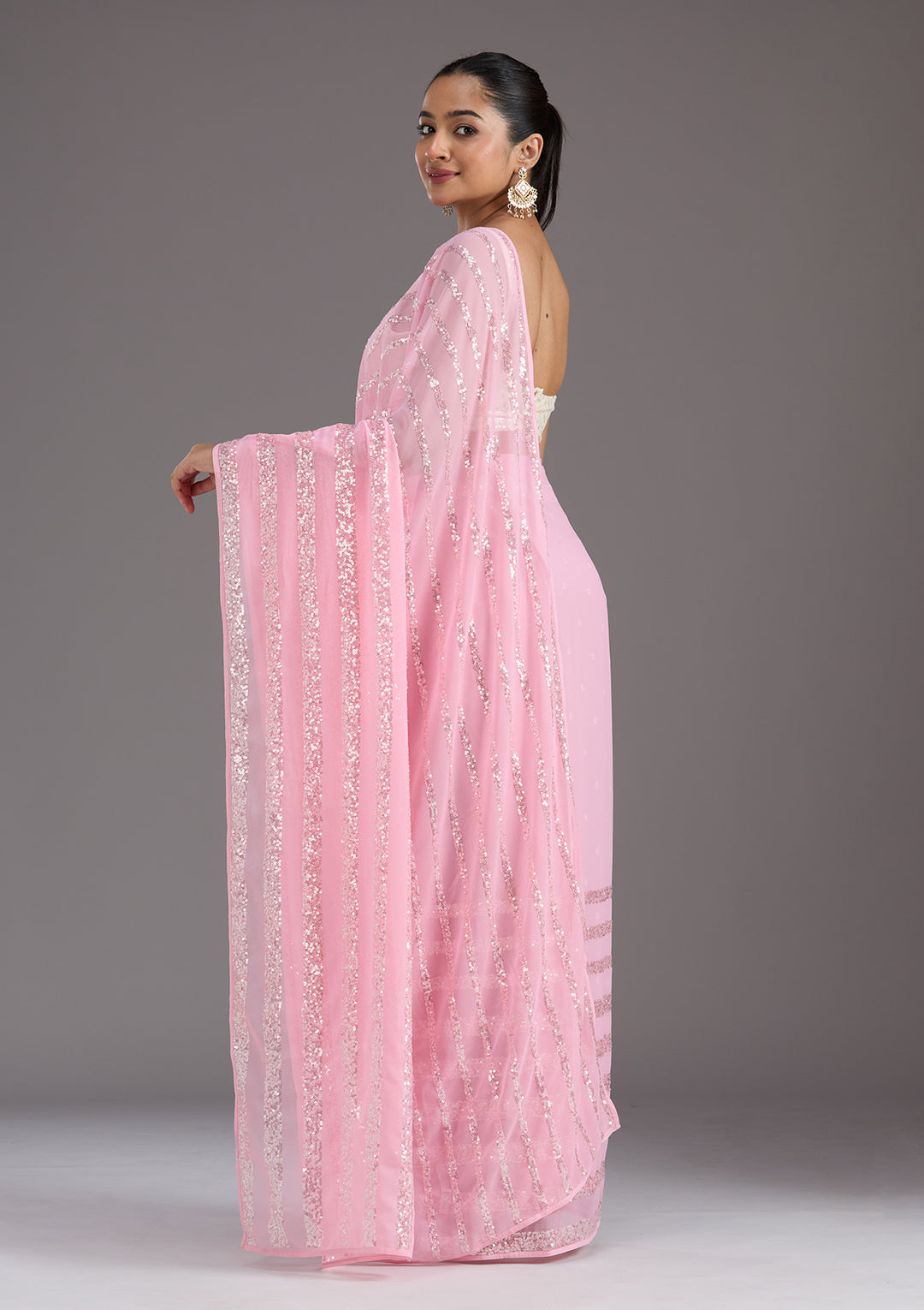 Baby Pink Sequins Georgette Saree