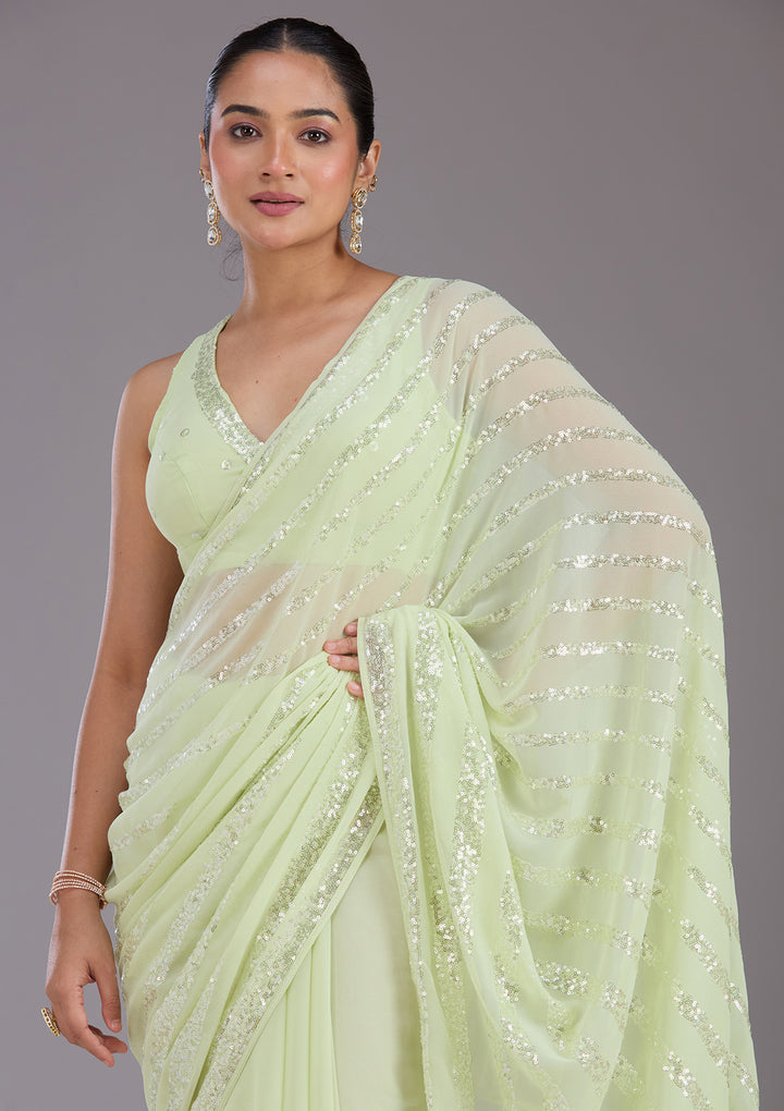 Pista Green Sequins Georgette Saree