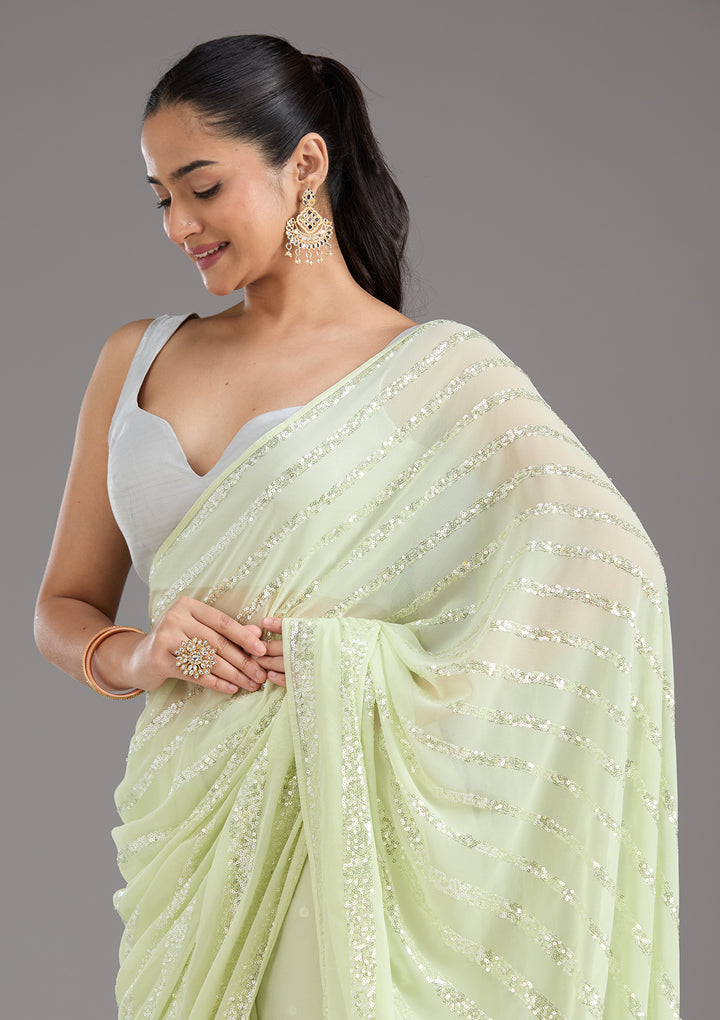 Pista Green Sequins Georgette Saree