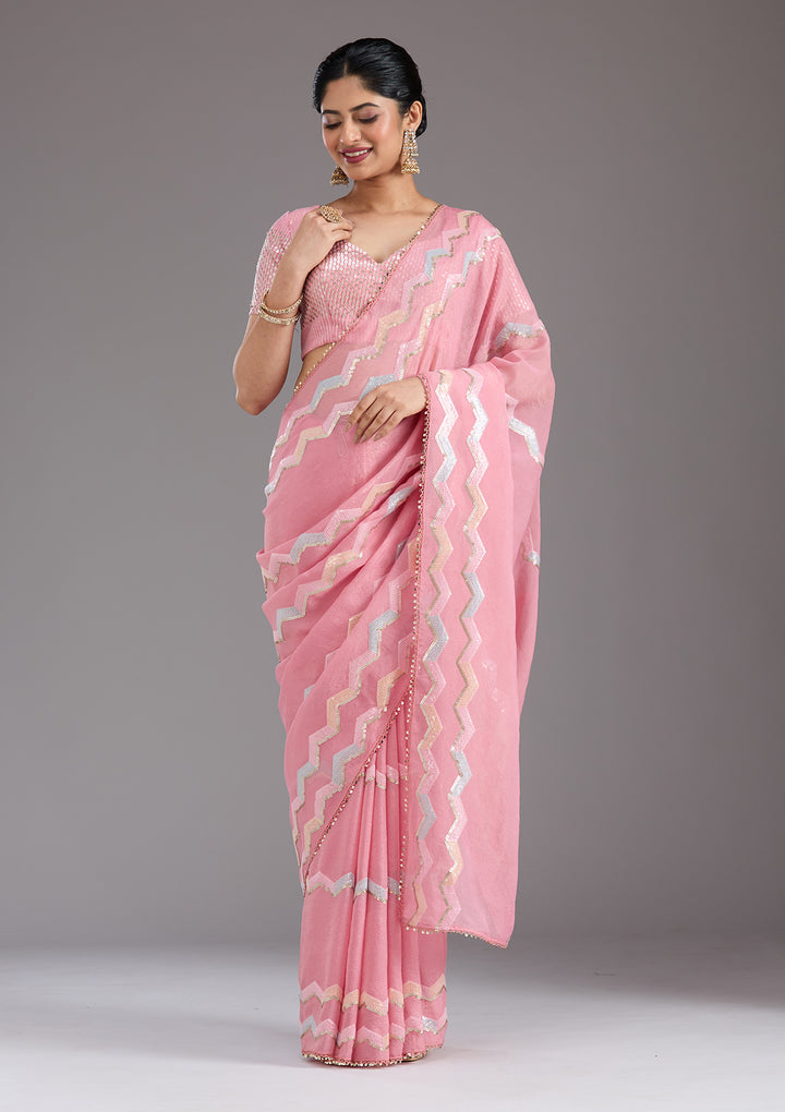 Baby Pink Sequins Semi Crepe Saree