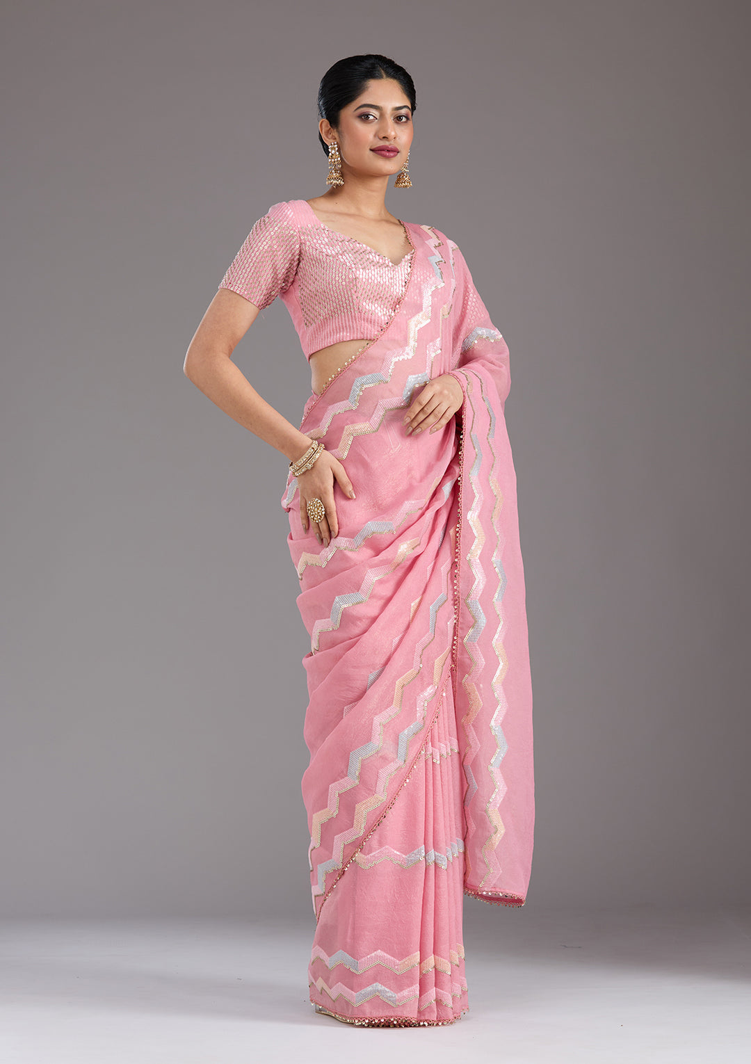 Baby Pink Sequins Semi Crepe Saree