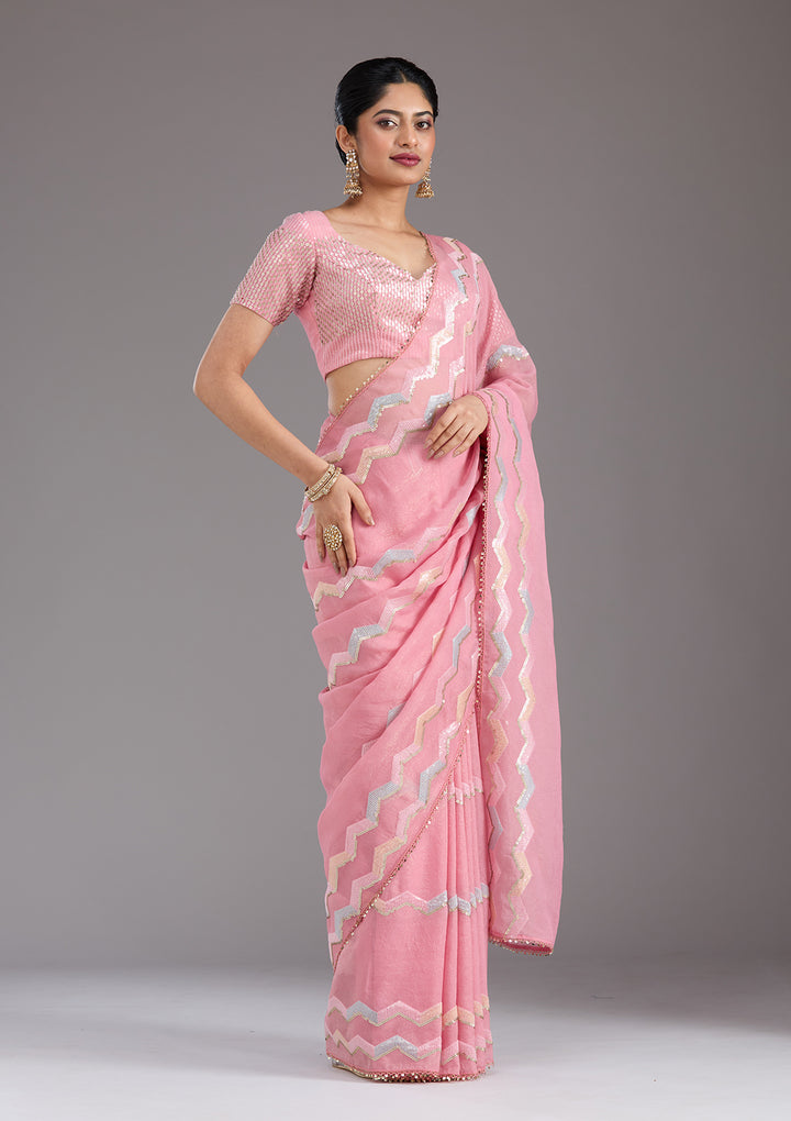 Baby Pink Sequins Semi Crepe Saree