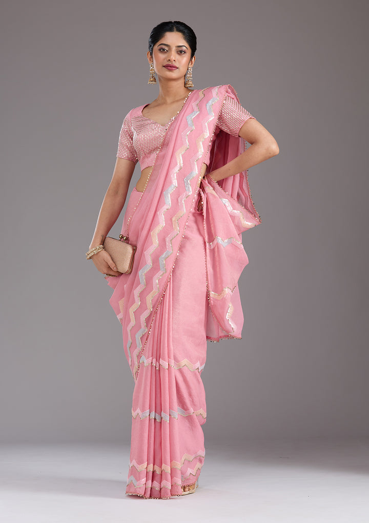 Baby Pink Sequins Semi Crepe Saree