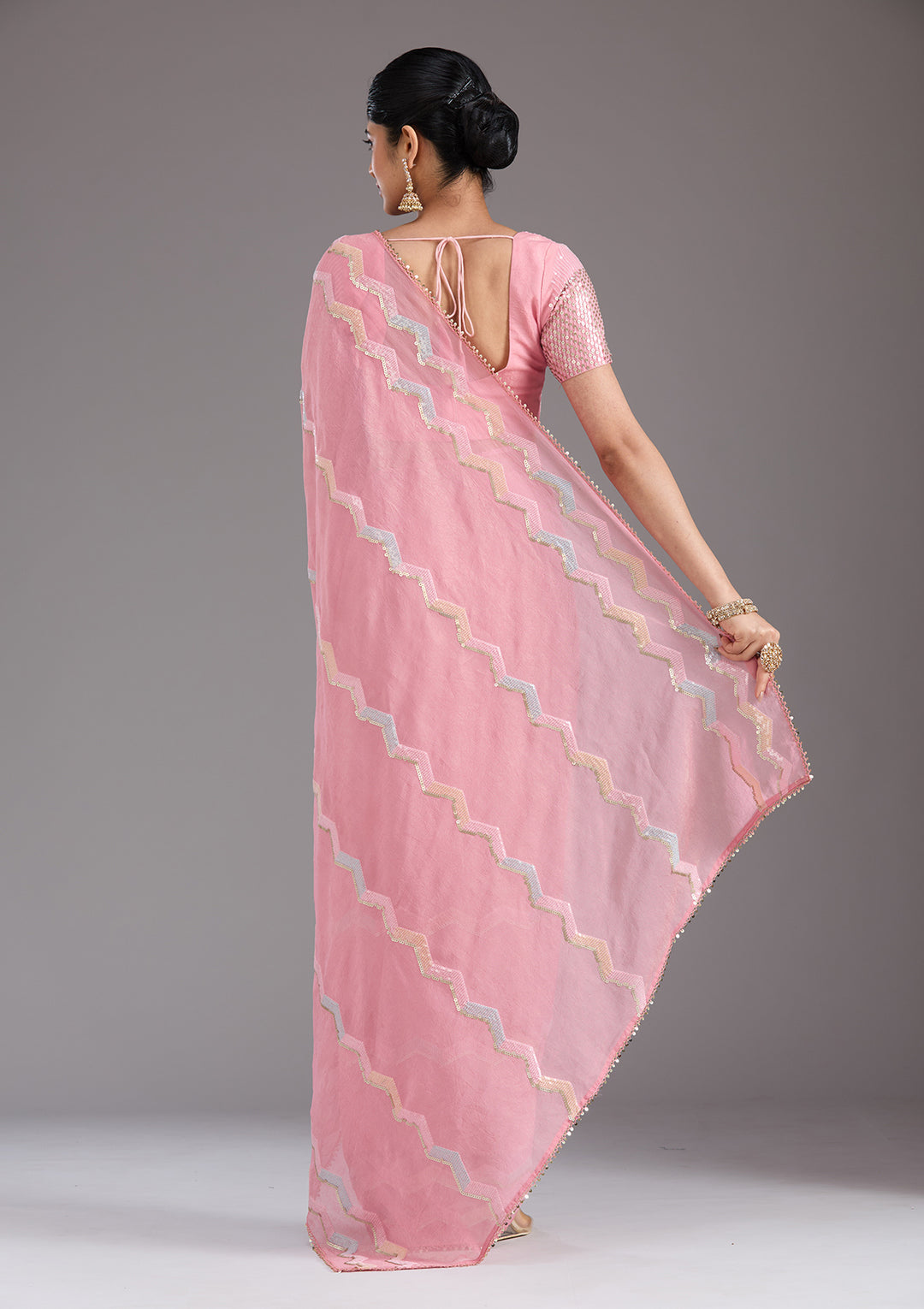 Baby Pink Sequins Semi Crepe Saree
