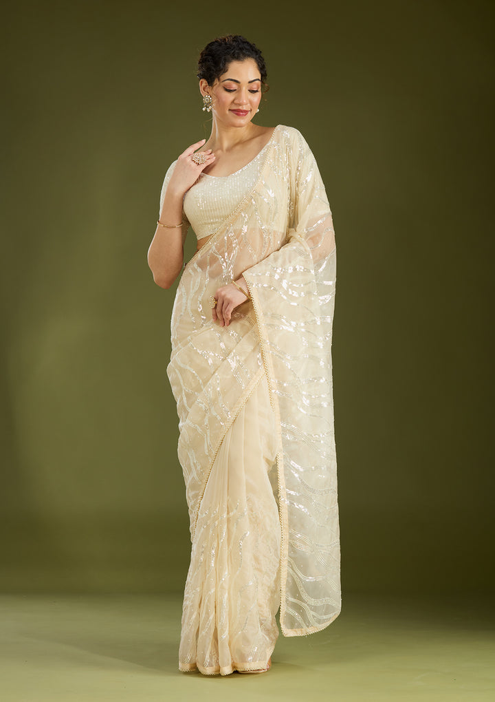 Beige Pearlwork Organza Saree